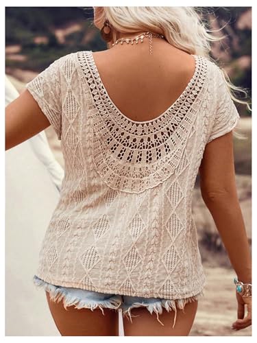 OYOANGLE Women's Plus Size Short Sleeve Blouse Boho Crochet Lace V Neck Summer Tee Tops2