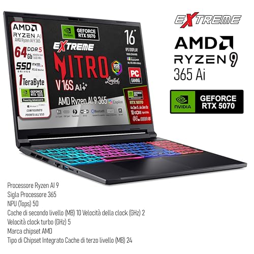 Notebook Gaming Nitro V16S Ai, Ryzen 9 365, Ram 64Gb ddr5, SSD da 1Tb, Display 16" WQXGA 180Hz, NVIDIA GeForce RTX 5070 8Gb GDDR7, Windows 11 Home - PC COPILOT +, Ready to use - Notebook - Immagine 1