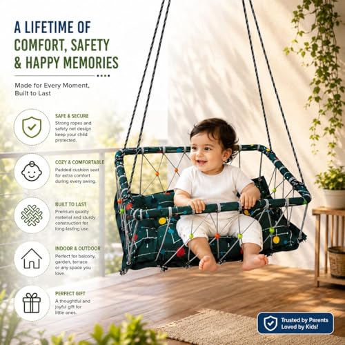 Image of Baby Hanging Swing Cradle with Cushioned Seat, Rope Net Frame, Multicolour Polka Dot Print, for Infants