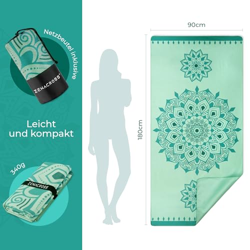 ZENACROSS - Strandhantuch 90x180cm - Mikrofaser Handtuch Groß - Schnelltrocknend - Microfaser Badetuch Sandfrei - Leichtes und Kompaktes Strandtuch - Türkisfarbenes Mandala