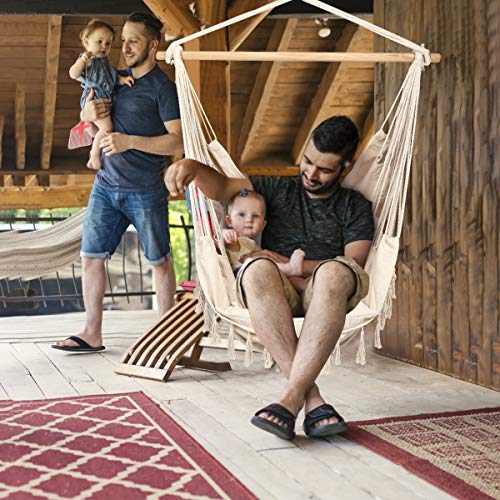 CCTRO Large Hammock Chair | Hanging Rope Swing Seat for Indoor & Outdoor | Soft & Durable Cotton Canvas | 2 Cushions Included with Pocket for Bedroom, Patio, Porch (Beige)