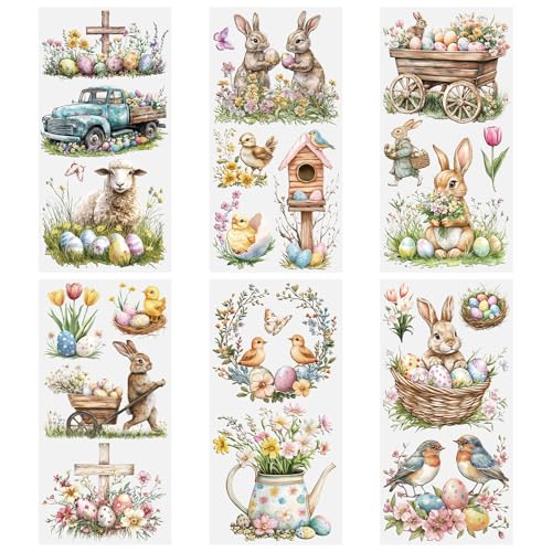 HICOHAND Rub on Transfers for Crafts 6 Sheets Easter Theme Furniture Transfer Stickers Flower Bunny Rabbit Egg UV DTF Waterproof Decal for DIY Home Office Decoration 15cmx30cm/5.91 * 11.81in