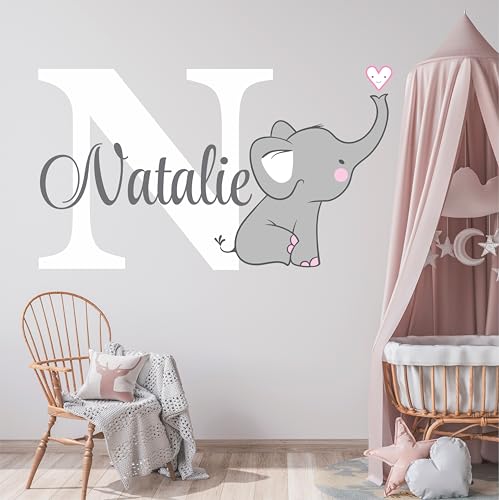 Vinilo decorativo personalizado con elefante gris y rosa para habitación infantil miniatura 1