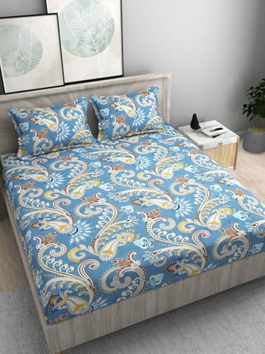 DECOMIZER 300 TC Cotton Feel Glace Cotton Elastic Fitted Printed King Size Double Bed Bedsheet with 2 Pillow Coverm Fits Upto 8 inches Mattress,Size- 72x78x10 Inches,Navy Ambi