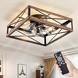 LEDIARY 20” Caged Low Profile Ceiling Fans with Lights and Remote, Rustic Square Flush Mount Ceiling Fan, 6 Speed and Reversible, Small Farmhouse Bladeless Ceiling Fan for Bedroom, Kitchen,Dining Room