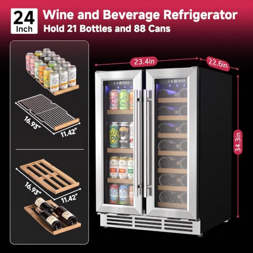 Image of Icyglee 24 inch Wine and Beverage Refrigerator, Dual Zone Wine Cooler with Glass Door, Hold 88 Cans & 21 Bottles, Built in or Freestanding Under Counter Wine Fridge with Blue LED Light.