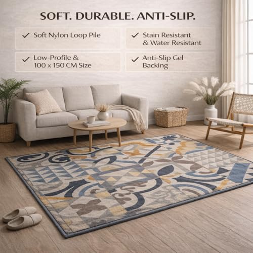 Image of Matz&More Tiles Earth Rug | 100x150 CM | Beige Pastel | Soft Nylon Loop Pile with Anti-Slip Gel Backing | Living Room, Bedroom & Office Floor Carpet