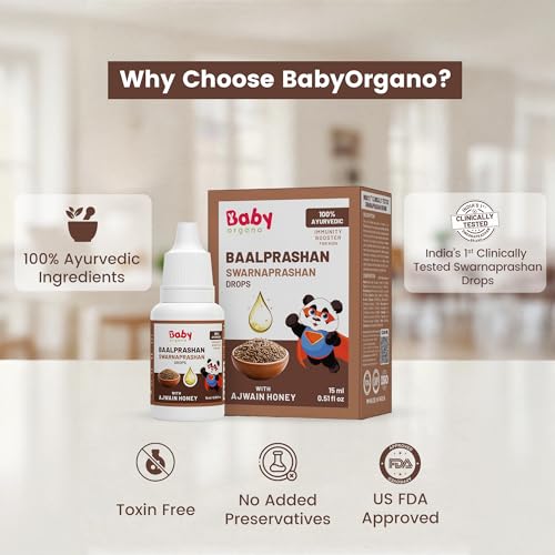 Image of BabyOrgano Swarnaprashan Drops for Kids, 0-15 Yrs, 15ml, Pack of 1 | Suvarnaprashan 24K Gold Drops, Swarna Bhasma, Brahmi, Shankhpushpi, Vacha, Ajwain & Honey, Immunity, Brain & Growth Support | AYUSH Approved | Ajwain Honey | 15ml (Pack of 1)