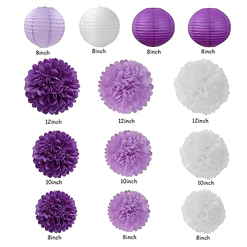 Image of Lavender-Purple White Graduation Party Decorations - 20pcs Paper Lanterns Fans,Tissue Pom Poms,Honeycomb Balls,Birthday Wedding Bridal Baby Shower Engagement Bachelorette Decor Burgleda