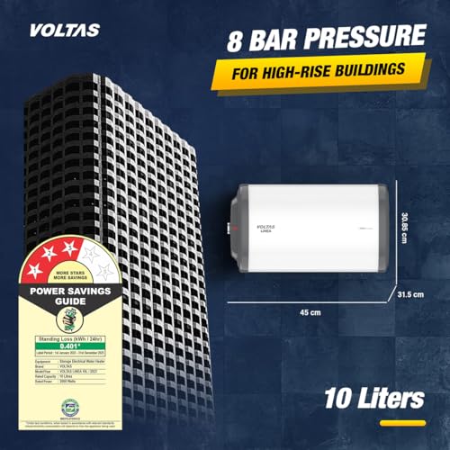 Image of Voltas Linea 10L 3 Star Horizontal Mounting 2000W Water Heater, with Quartzline Technology (Glassline Tank), Warranty: Tank 7 Years, Element 3 Years, 2 year Comprehensive