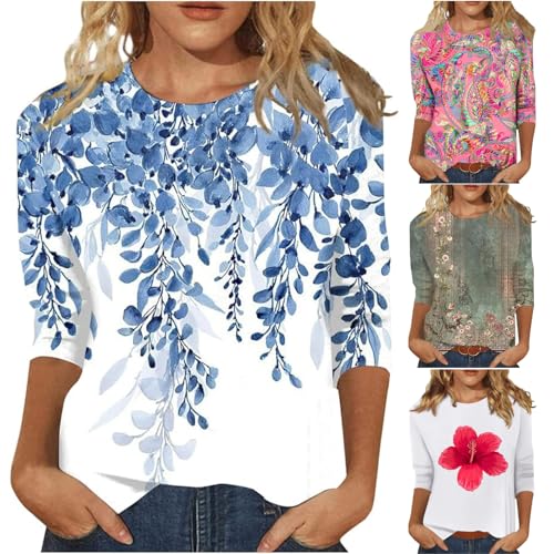 HTHLVMD Womens 3/4 Length Sleeve Tops 2025 Fall Fashion Floral Print Crewneck Causal Trendy Tunic Tops for Women