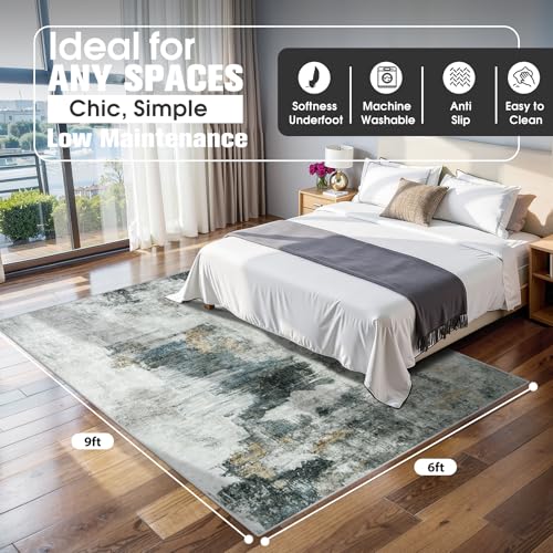 6x9 Area Rugs for Living Room Rug Washable: Abstract Rug for Dining Room Bedroom Carpet Non Slip 6 by 9 Indoor Modern Nursery Home Office Black Gold
