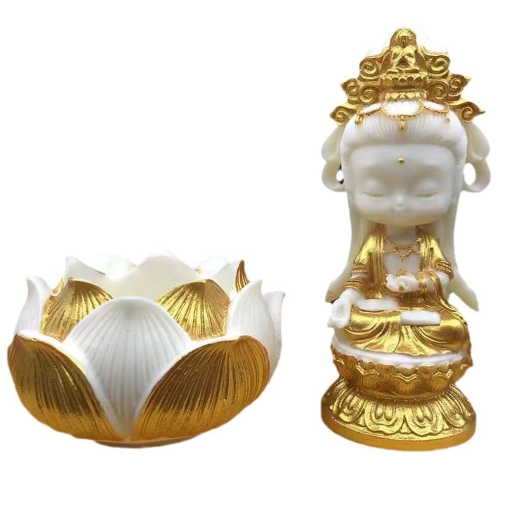 YUZDNM Cute Quan Yin Statue - Kuan Yin Goddess of Mercy Meditation Buddha Statue for Home Decor and Feng Shui Gift(Gold and White)