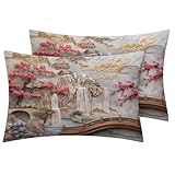Zhrylliq Japanese Pillow Case King Size Set of 2, Oriental Chinese Asian Pillowcase & Bedroom Decor, Japanese Pillow Shams with Hidden Zipper