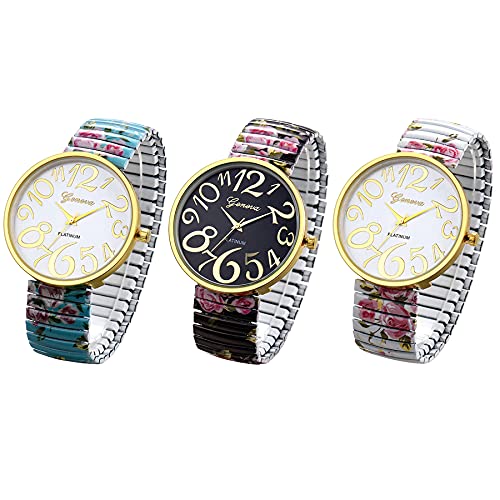 Avaner Women's Elastic Strap Watches: Ladies Easy Reader Floral Printed Stretch Band Big Number Analog Quartz Bangle Wrist Watch