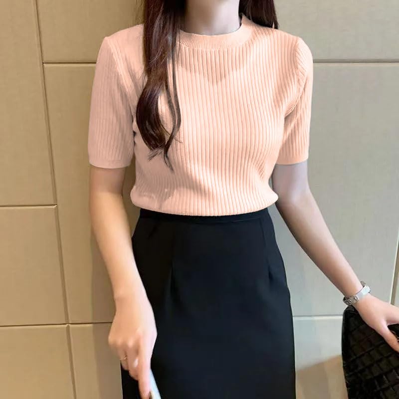 Image of Istyle Can Plain Round Neck Rib Knit Regular Top for Women (in, Alpha, S, Regular, Peach)