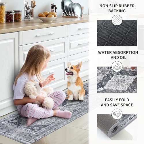 Kitchen Rugs Sets of 3 Washable Non Slip Dark Grey Kitchen Mats 3 Piece Set Boho Kitchen Runner Rugs Carpets for Hallway Front Door Dark Grey(50x80cm+50x120cm+50x150cm) - Image 6