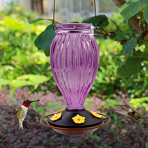 Juegoal-Glass-Hummingbird-Feeders-for-Outdoors-37-oz-Wild-Bird-Feeder-5-Feeding-Ports-Bud-Shaped-Metal-Handle-Hanging-for-Garden-Tree-Yard-Outside-Decoration-Violet