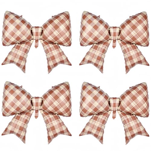 Image of 4Pcs Brown Plaid Bow Balloons 38"/Rustic Gingham Bowknot Foil Balloons for Vintage Birthday,Maillard Style Birthday,Thanksgiving gatherings,Fall Party, Baby Shower & Cozy Country Party Decorations