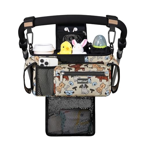 Image of TOPDesign Universal Baby Stroller Organizer, Stroller Caddy with Detachable Mesh Bag & Heightened Insulated Cup Holders & Non-Slip Secure Hooks Accessories, Fits Most Strollers (Dogs)