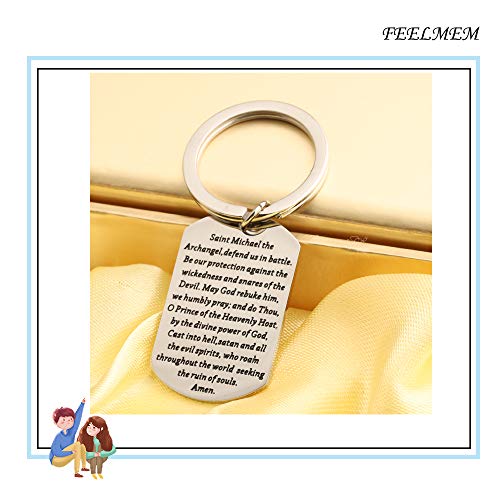 FEELMEM Religious Gift Michael the Archangel Prayer Keyring Michael Archangel Prayer Protect Us Keychain3