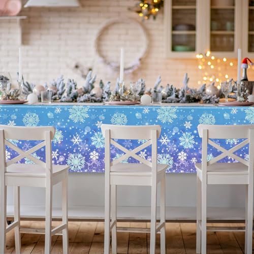 Image of 4 Pcs Plastic Winter Snowflake Tablecloth Decorations, 54x108 Inch Blue and Purple Snowflake Winter Wonderland Disposable Table Cover for Christmas Holiday New Year Party Supplies Decor