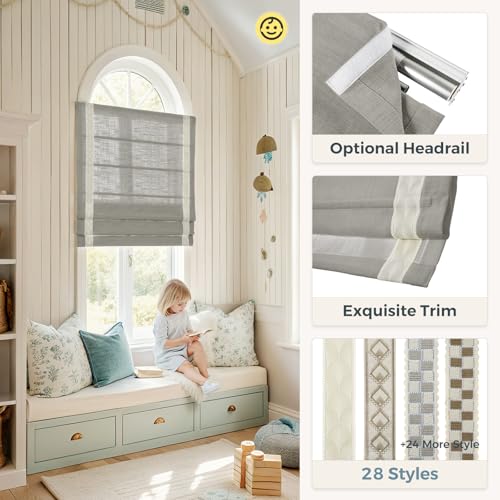 Image of TWOPAGES Liz No Drill Cordless Roman Shades Linen Textured Roman Blinds for Windows, Custom Made Room Darkening Blackout Roman Window Shades, Hardware Included, Grey, 1 Piece
