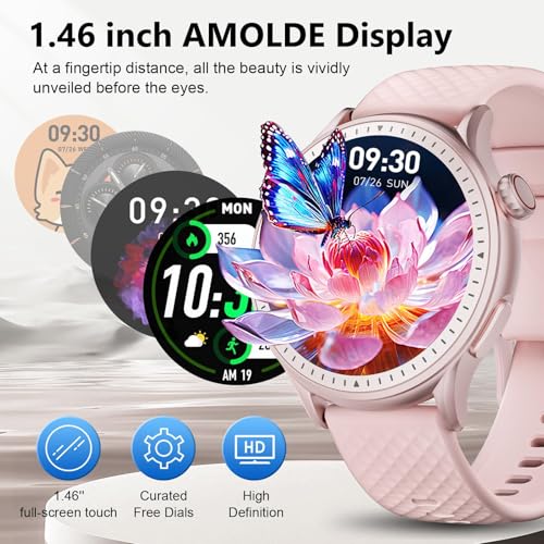 Image of Smart Watch for Men Women Answer /Make Call, 1.46'' AMOLED Ultra-Clear Screen Fitness Tracker with Heart Rate /Sleep /SpO2 Monitor, 3ATM Waterproof Smartwatch for iPhone /Samsung /Android, 110+ Sport, Pink