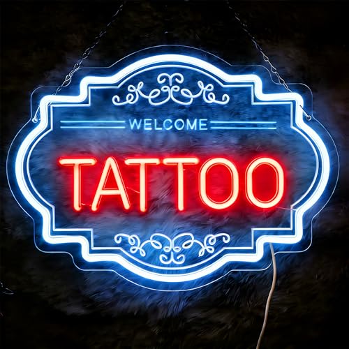 Image of Tattoo LED Neon Sign, 14 x 11 In Dimmable Light Up Wall Decor | USB Powered Dimmable Light up Tattoo Signs Decor for Bussiness Shop Studio & Salon, Gift for Artists, Include Hanging Chain
