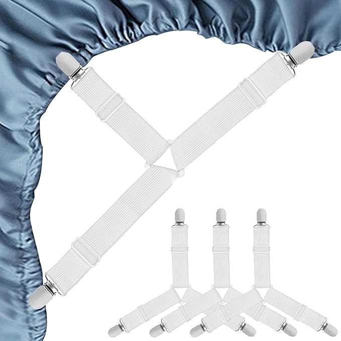 INOVERA (LABEL) 4 Pieces Adjustable Bedsheet Corner Straps - Nylon Elastic Sheet Holders Clip - Anti-Slip Bedsheets Fitted Fasteners Suspenders - Bed Sheets Grippers (White)