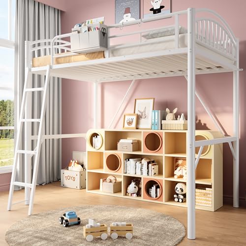 Decofy White Twin Loft Bed with Storage Bag, Metal Twin Size Loft Beds for Kids with Convertible...