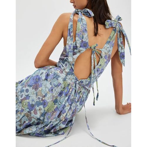 Women Floral Maxi Dress Tie Shoulder Cutout Backless Boho Smocked Flowy Dresses Summer Fall Sundress4