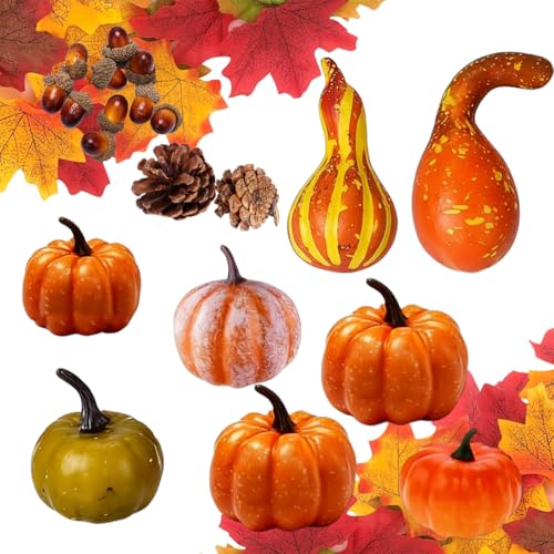 HONGECB Lot de 50 citrouilles artificielles - Décoration d'automne avec mini citrouille, glands, feuilles d'érable, pommes de pin, pour l'automne et Halloween