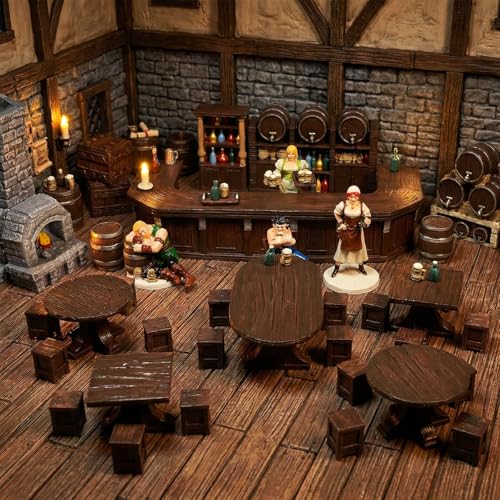 Warmtree 45 Pcs Tavern Bar Terrain Set,28mm Miniature Tavern Furniture Accessories for Tabletop Terrain Scenery Diorama Supplies Battle Grid Mat Accessory