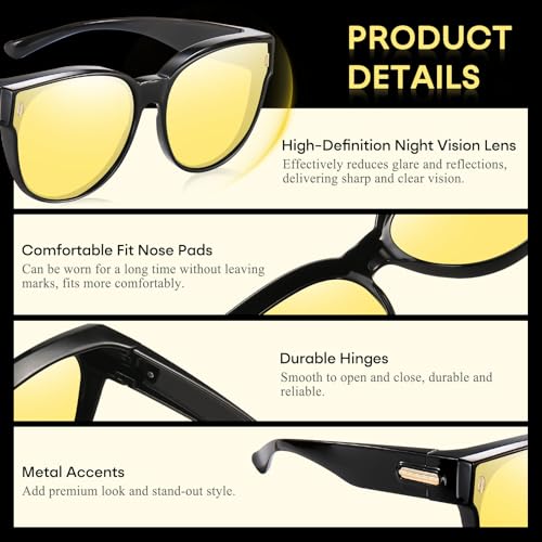 Image of HAOLOTA Night Driving Glasses for Women Anti Glare | Trendy Cat Eye Shapes, Oversized Large Frame Over Glasses Night Vision Glasses, Lightweight, Driving Nighttime