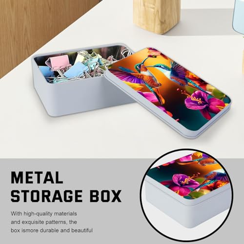 Image of Metal Tin Box with Lid for Game Cards Home Organizer Candles Keys Crafts Storage - Equipped with 4 Magnetic Cord Clips,Hummingbirds and flowers