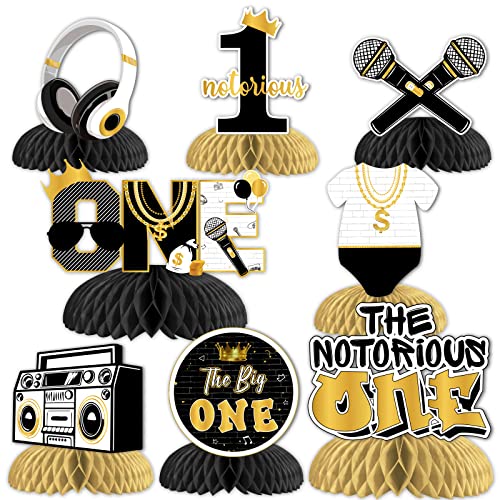 Fangleland 8Pcs The Notorious One Birthday Decorations, Black Gold 1st Birthday Honeycomb Centerpieces - The Big One Theme First Birthday Decorations, Hip Hop 3D Table Decor for One Year Old Boy