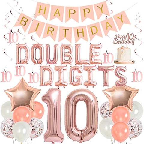 10th Birthday Decoration Girl Rose Gold Pink Double Digits 10 Birthday Decorations with Number 10 Balloons Hanging Swirls Cake Topper Cover
