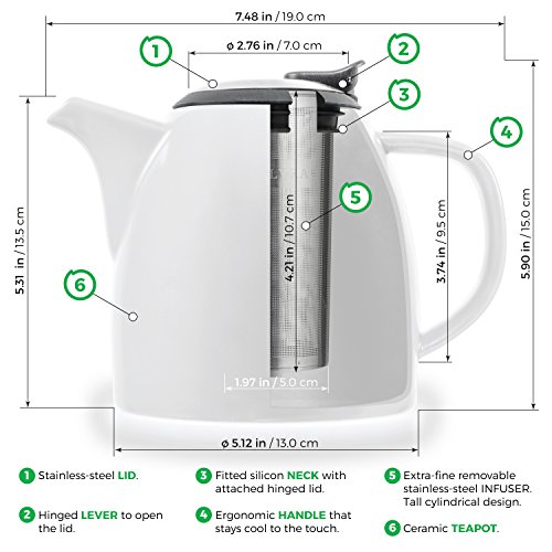 Tealyra - Drago Ceramic Teapot White - 37oz (4-6 Cups) - Large Stylish Teapot with Stainless Steel Lid and Extra-Fine Infuser to Brew Loose Leaf Tea - Dishwasher-Safe - BPA and Leed-Free - 37-Ounce Tealyra - Drago Ceramic Teapot White - 37oz (4-6 Cups) - Large Stylish Teapot with Stainless Steel Lid and Extra-Fine Infuser to Brew Loose Leaf Tea - Dishwasher-Safe - BPA and Leed-Free - 37-Ounce