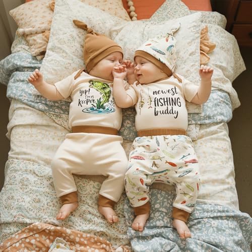 Image of Amnnchya Newborn Baby Boy Clothes Fishing Short Sleeve Romper Shirt Tops Pants Summer Spring Outfits Cute Hat Set