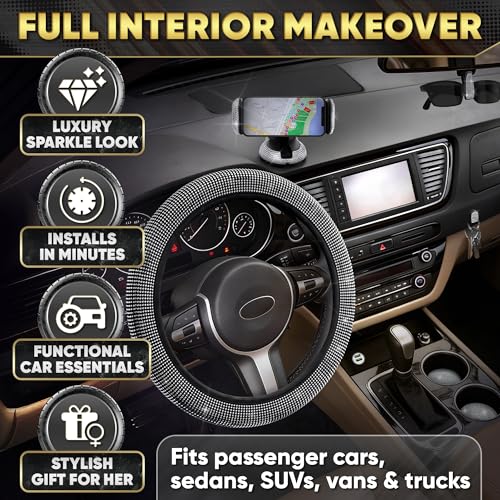 Image of Bling Car Accessories Set 27 Pieces - 14,5-15 inch Silver Steering Wheel Cover, Diamond License Plate Frame, Rhinestone Interior Car Decor, Cup Holders, Hooks, Great Gift for Auto Lovers
