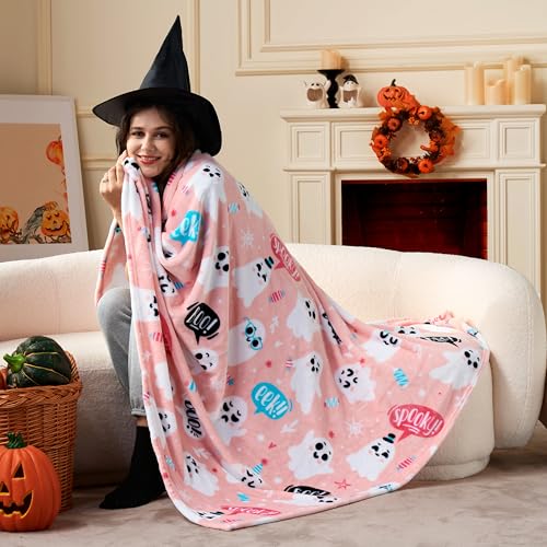 Halloween Throw Blanket - Soft Plush Pink Ghost Blanket - image 2