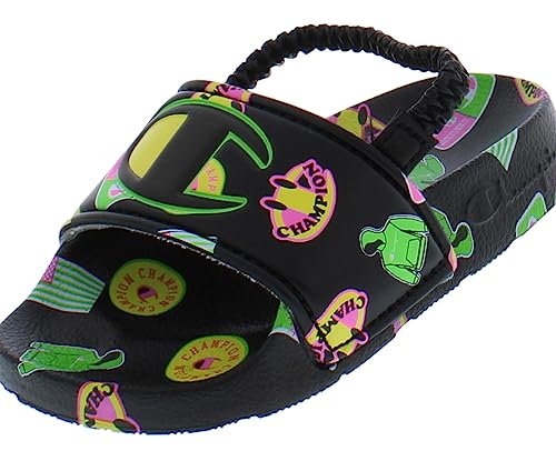 Champion Ipo Catch Print Slide Infant/Toddler Shoes Size 6, Color: Crow Black/Green/Yellow-Core Black3