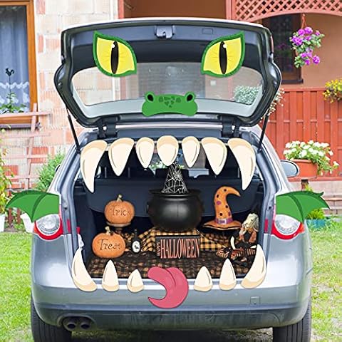 VERSRH 19PCS Halloween Trunk or Treat Dinosaur Decoration Kit, Monster Trunk or Treat Car Archway Garage Decor Halloween Car Decorations Exterior, Monster Face Outdoor Decoration with Eye Teeth Tongue Cover