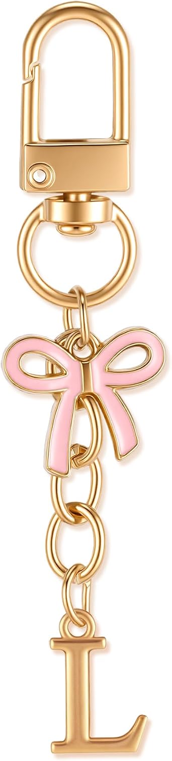 XGALBLA Small Cute Initial Keychain with Bow & Metal letter - Gold Letter Bag Charms for Women, Purse Handbag Accessories