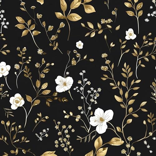 HENNOR Black Floral Wallpaper Peel and Stick Golden Leaf Wallpaper Vintage Floral Contact Paper for Cabinets Waterproof Self Adhesive Boho Wall Paper for Kitchen Bathroom Desk 17.5in x 9.8ft