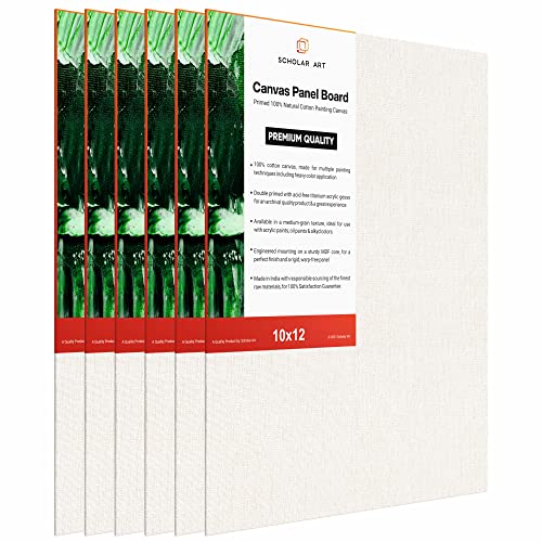 Image of Scholar Art Hobby Series 04 Oz (230 GSM) 100% Cotton Canvas Panel Board for Painting (White Blank Canvas Boards for Acrylic Paint, Oil Paint, Wet & Dry Media) | 10 inchx12 inch (25x30 cm), Pack of 6