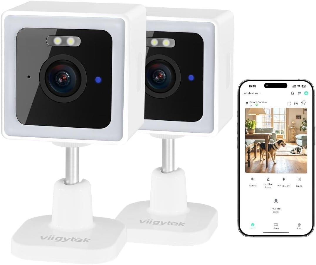 Viigytek® AI WiFi Home Security Cameras, 2K QHD Indoor/Outdoor Security Camera, Pet/Baby Monitor, Color Night Vision, 2-Way Audio, IP65 Waterproof, Remote Viewing – White (2Pack)