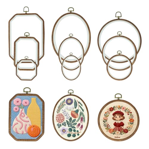 9 Pcs Large Embroidery Hoop Frame, Embroidery Frames for Display, Imitated Wood Cross Stitch Hoop, Circle/Oval/Octagonal Cross Stitch Frame Kits, Perfect for DIY, Craft Sewing, Home Decor