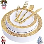 WDF 150PCS Gold Plastic Plates Set Christmas Plastic Plates 25Guests Gold Disposable Dinnerware Sets for Christmas